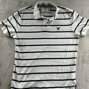 American Eagle T-Shirt Women's M White Short Sleeve Polo Navy Stripes